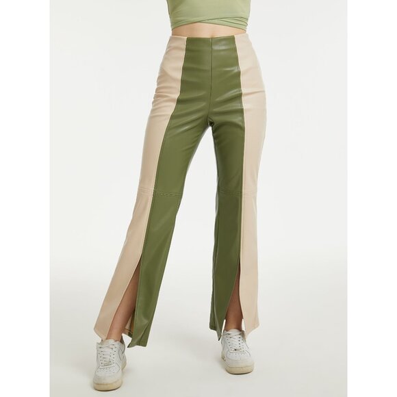 NWT Cider Faux Leather Slit Trousers Pants Green Beige Y2K 90s Women's M - Picture 1 of 9